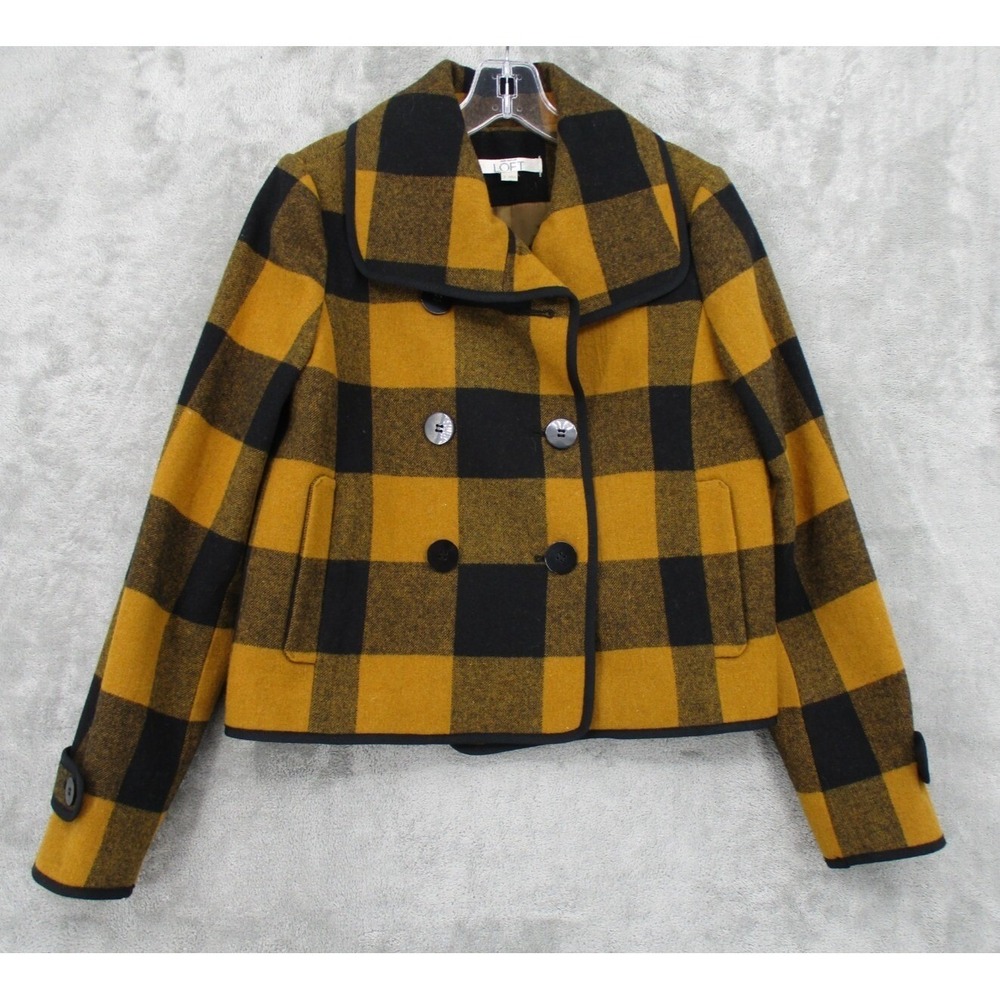 Ann Taylor Loft Jacket Womens Small Plaid Checker Wool Double Breasted Mustard